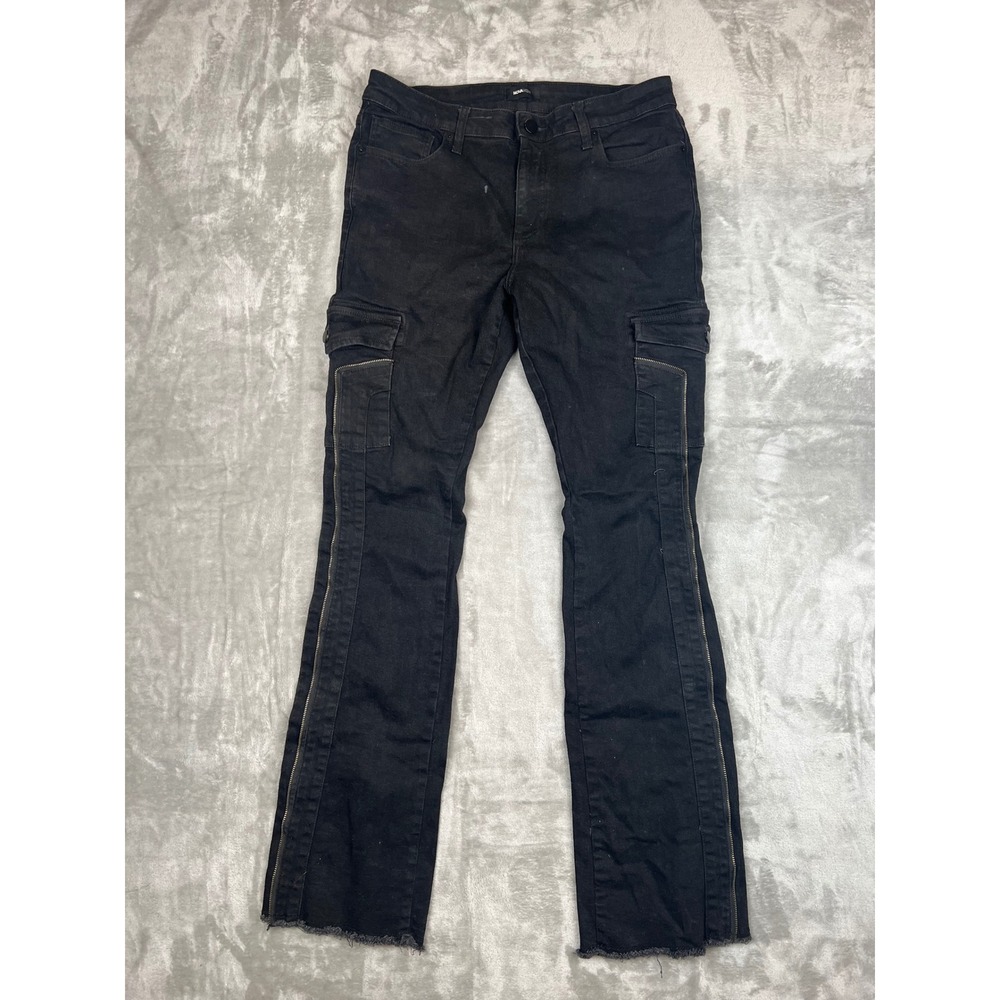 Nova Men Black Denim Cargo Pants Zipper Detail Frayed Hem